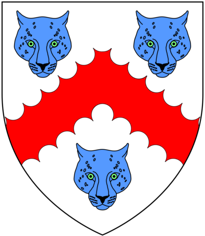 Arms of Copleston: Argent, a chevron engrailed gules between three lion's faces azure