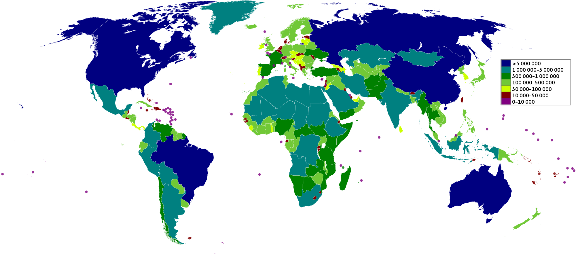 World map, except Antarctica, colour-coded by areas of countries in square kilometres