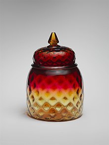 Covered jar, blown Amberina glass, New England Glass Company, 1883-1888 Covered jar MET DP208395.jpg