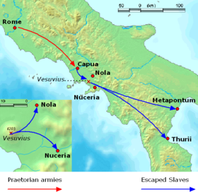 Initial movements of Roman (red) and Slave (blue) forces from the Capuan revolt to the end of winter 73-72 BC. Insert: Vesuvius area. Defaitearmeespretoriennes.png