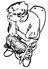 An illustration of a man sitting on the toilet defecating. Defecation img 1907.svg