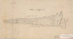 Original 1853 hand-drawn Diseno (map) of Rancho San Jose y Sur Chiquito. The road "camino para el sur" (English: road to the south) is shown along the coast at the top of the image. Diseno del Rancho San Jose y Sur Chiquito 1853.jpg