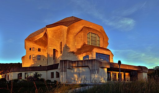 Dornach, Switzland: Goetheanum from northwest at sunset