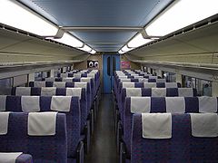 Standard-class non-reserved car upper deck with non-reclining 3+3 seating