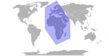 EMEA: Europe, the Middle East, and Africa, marked on a world map. EMEA region worldmap.svg