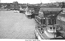 Seattle waterfront 1907, showing in foreground sternwheeler Skagit Queen Elliott bay.jpg