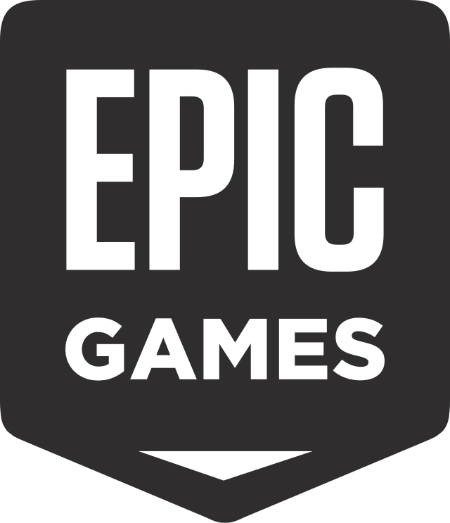 "EPIC" over "GAMES" over a downwared facing arrow, in white over a gray background