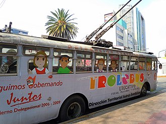 One of the trolleybuses when it was still painted for the "Trolebuses Educativos" programme, in 2011. This is the bus's right side, and the trolley poles have been swung around to point towards the front end. Ex-Japanese trolleybus marked for the Trolebuses Educativos program in Mexico City (2011).jpg