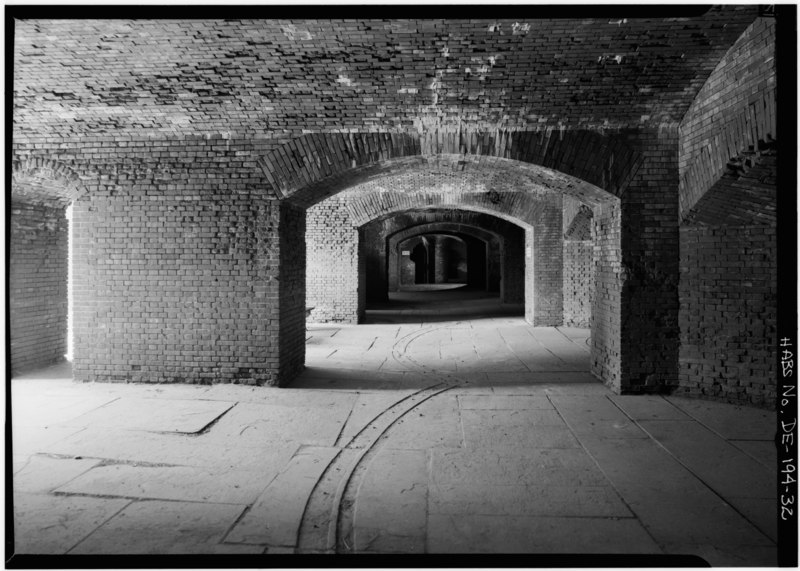 File:FIRST CASEMATE TIER, SEMI-CIRCULAR IRON DEMARCATION ON FLOOR - Fort Delaware, Pea Patch Island, Delaware City, New Castle County, DE HABS DEL,2-PEPIS,1-32.tif