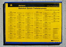 [1] ein Fahrplan für den Bahnhof Zürich Tiefenbrunnen