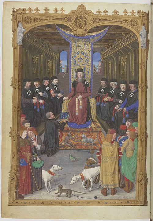 Grand Master Pierre d'Aubusson with senior knights, wearing the "Rhodian cross" on their habits. Dedicatory miniature in Gestorum Rhodie obsidionis co