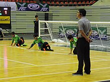 Thailand men's goalball team. Goalball at the IBSA Asia regional championships, Din Daeng, Bangkok, Thailand (Aug 2017). Goalball-2017 Asia-Pac Regional THA-KAZ M defend.jpg