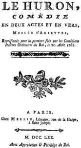 Grétry - Le Huron - title page of the libretto - Paris 1770.png