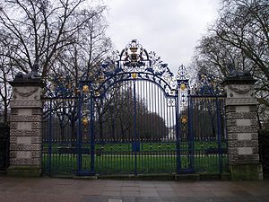 Gates from Devonshire House reused for the entrance to Green Park on the south side of Piccadilly, a few yards away from their original position Green park gates on Piccadilly (February 2010) 1.jpg