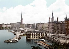 Hamburg's central promenade Jungfernstieg on River Alster in 1900 Hamburg Jungfernstieg (1890-1900).jpg