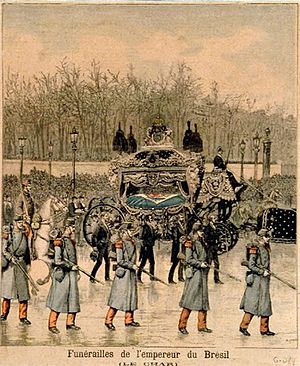 Funeral of Pedro II of Brazil depicted at the cover of the Le Petit Journal (by Hans Meyer). Hans Meyer - Funerailles de l'empereur du Bresil, 1891.jpg