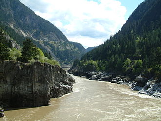 Hells Gate--CPR tracks by birch trees lower right; highway upper left Hells Gate.jpg