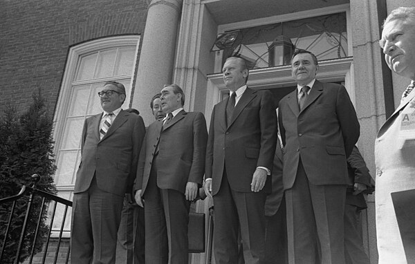 From left is Kissinger, Brezhnev, Ford, and Gromyko at outside of the American Embassy, Helsinki, Finland, 1975.