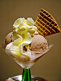 Ice cream is a sweetened frozen food typically eaten as a snack or dessert. It may be made from dairy milk or cream and is flavoured with a sweetener, either sugar or an alternative, and any spice, such as cocoa or vanilla. Colourings are usually added, in addition to stabilizers. The mixture is stirred to incorporate air spaces and cooled below the freezing point of water to prevent detectable ice crystals from forming. The result is a smooth, semi-solid foam that is solid at very low temperatures. It becomes more malleable as its temperature increases.