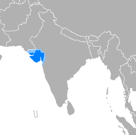 Native Gujarati speaking areas in India.<br>Speakers in majority are in dark blue and speakers in minority are in light blue.