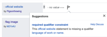 Screenshot of constraint warning: "official website = no value"; "required qualifier constraint = This official website statement is missing a qualifier language of work or name."