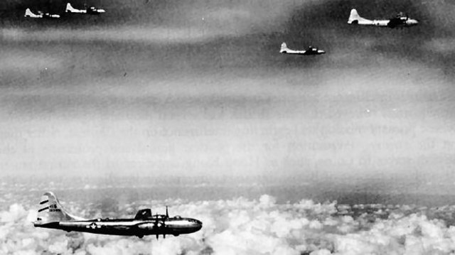 B-29s of the 58th Bomb Wing on a mission to Rangoon, Burma, 1944