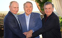 Mirziyoyev with Vladimir Putin and Nursultan Nazarbayev in Saryagash, Kazakhstan, October 20, 2018. Informal meeting with Nursultan Nazarabayev and Shavkat Mirziyoyev 02.jpg