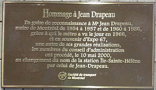 Plaque commémorative en l'honneur de Jean Drapeau.