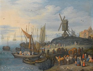 A River Landscape with Figures both on a Ferry and Waiting on the Shore Beneath a Windmill