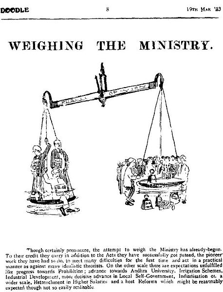 A cartoon from 19 March 1923, evaluating the first Justice Ministry. It mentions Prohibition, Andhra University, irrigation schemes, industrial develo