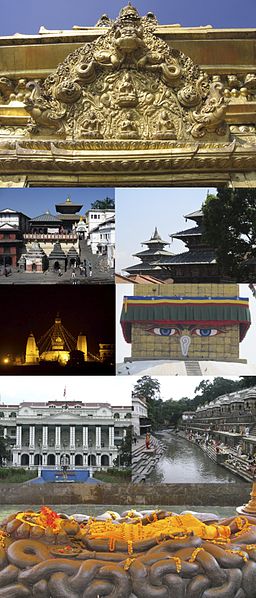 Da esquerda para a direita e de cima para baixo: 1) um toran; 2) templo de Degutaleju com o templo de Taleju ao fundo, na Praça Darbar; 3) templo de Swayambhunath; 4) estupa de Boudhanath; 5) Singha Durbar; 6) rio Bagmati no templo de Pashupatinath; 7) Budanilkantha (estátua de Vixnu)