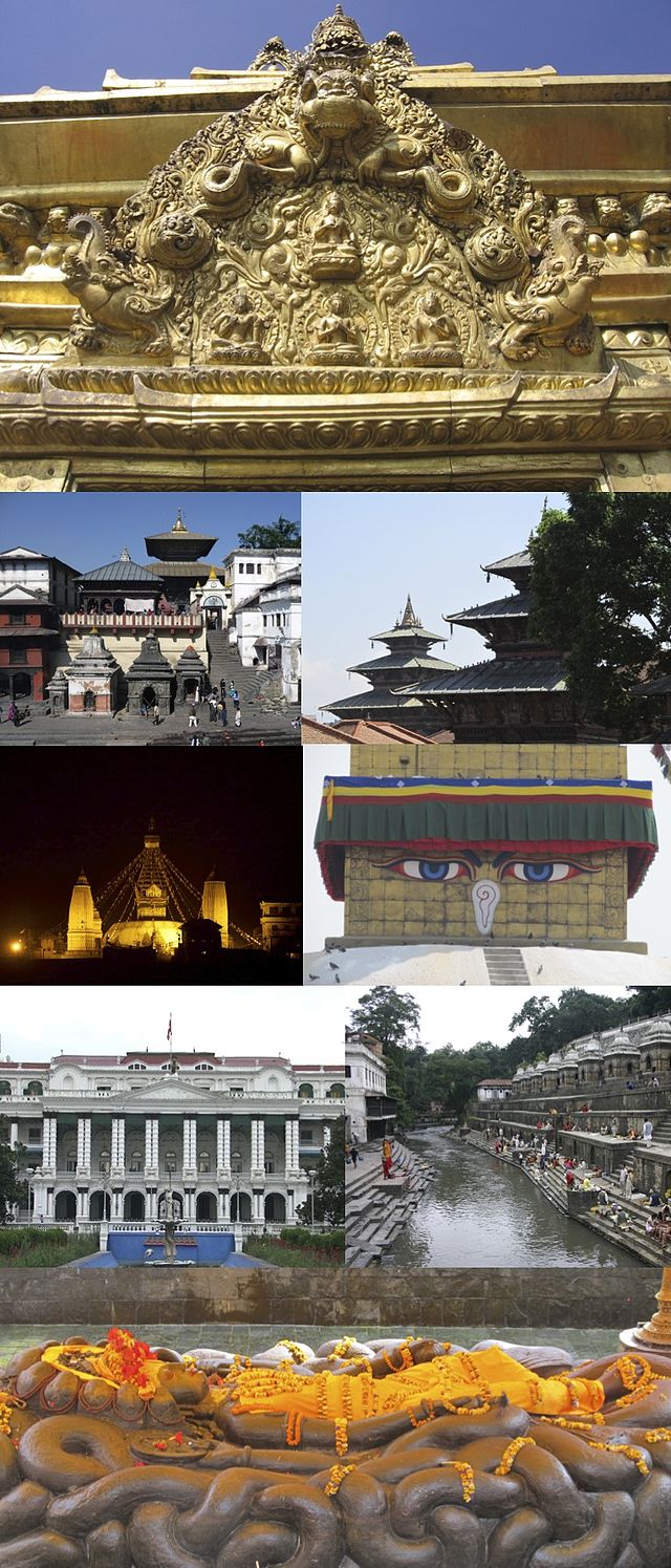 Da esquerda para a direita e de cima para baixo: 1) um toran; 2) templo de Degutaleju com o templo de Taleju ao fundo, na Praça Darbar; 3) templo de Swayambhunath; 4) estupa de Boudhanath; 5) Singha Darbar; 6) rio Bagmati no templo de Pashupatinath; 7) Budanilkantha (estátua de Vixnu)