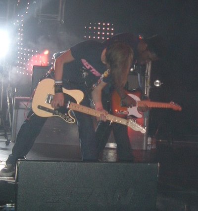 Bloc Party's Lissack and Okereke on stage in Cardiff in October 2005