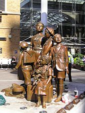 Kindertransport - The Arrival sculpture in central London marks the Kindertransport when the UK took in nearly 10,000 Jewish children prior to WWII. Of Jewish heritage, Nicholas Winton was a notable member of the operation. Kindertransport-Meisler.jpg