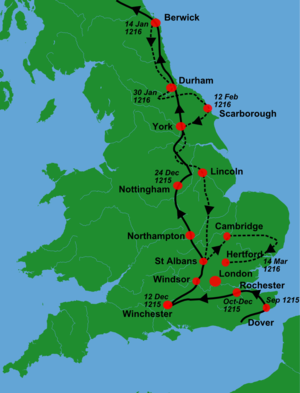 John I's campaign against the Barons from September 1215 to March 1216 in England King John's campaign 1215-6.png
