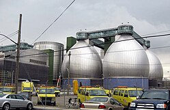 Anaerobic digesters at Newtown Creek Wastewater Treatment Plant in Greenpoint, Brooklyn Kingsland Avenue 3 digester tanks jeh.jpg