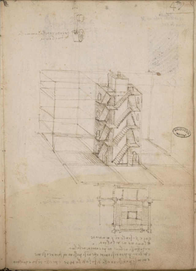 Page manuscrite sur laquelle est dessinée en plan de masse des escaliers.