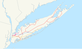 In 1876, the original LIRR (red) was combined with the Southern (orange) and Flushing, North Shore and Central (purple and blue). LIRR map 1876.svg