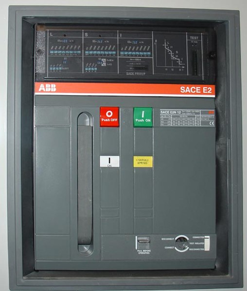 Front panel of a 1250 A air circuit breaker manufactured by ABB. This low-voltage power circuit breaker can be withdrawn from its housing for servicin