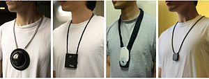 Evolution of the lifelogging lanyard camera. From left to right: Mann (1998); Microsoft (2004); Mann, Fung, Lo (2006); Memoto (2013) LifeGlogging cameras 1998 2004 2006 2013 labeled.jpg