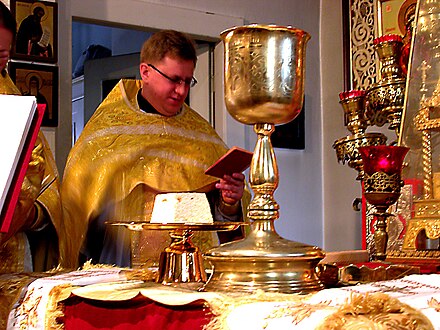 Lamb (host) and chalice during an Eastern Orthodox celebration of the Liturgy of St. James