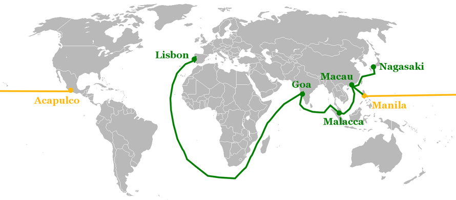 Portuguese (green) and Spanish (yellow) trade routes to Macao and Nagasaki