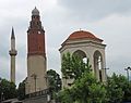 Macedonia (Skopje) Masoleum of Ishak Pasha, Clock tower and minarett from Ottoman period (27340203642).jpg