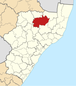 Kaart van Suid-Afrika wat AbaQulusi in KwaZulu-Natal aandui