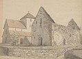 Mariakirken som ruin, tegnet av Georg Andreas Bull i 1853.