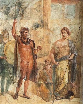 A mural in Pompeii, depicting the marriage of Alexander to Barsine (Stateira) in 324 BC; the couple are apparently dressed as Ares and Aphrodite. Marriage of Alexander and Statira as Ares and Aphrodite, fresco, ca. 69 d. C., copy after Aetion. Antiquarim, Pompeii.jpg