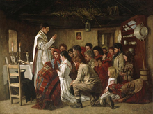 Lace alb worn by the priest during the Mass in a Connemara Cabin painted by Aloysius O'Kelly, in 1883. Mass in a Connemara Cabin by Aloysius O'Kelly (1883).png