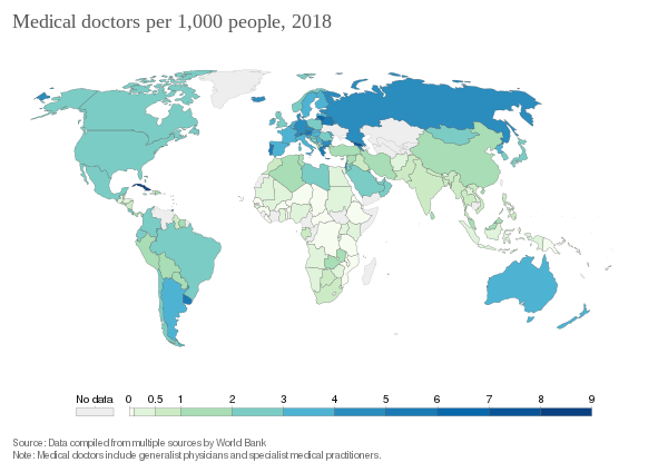 Medical doctors per 1,000 people in 2016. Medical doctors per 1,000 people, OWID.svg