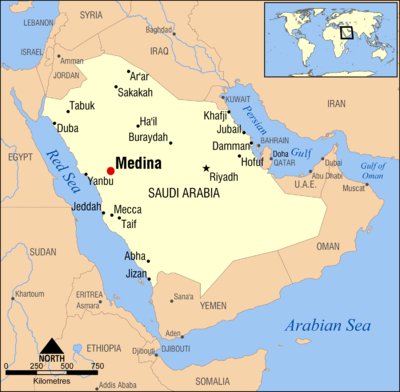 Karta som visar Medinas och Mecka, nutida gränser