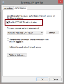 This is a screenshot of the Network Interface Card properties window to enable or disable support for IEEE 802.1x authentication. Many other options can be adjusted as seen fit. Microsoft Windows 8 IEEE 802.1x Ethernet Properties window.png